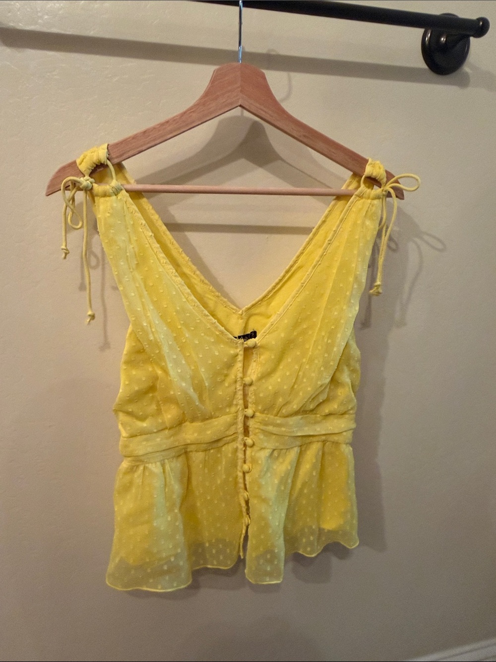 Abercrombie & Fitch Yellow Tie-Shoulder Swiss Dot Peplum Camisole